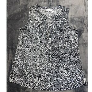 Emily Daniels Blouse Top Womens Medium White Black Paisley Sleeveless Split Neck